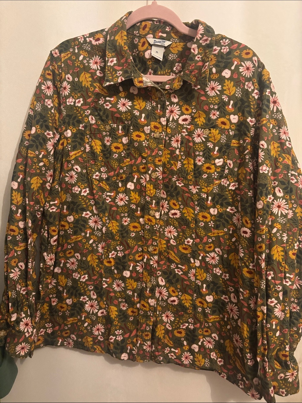 Duluth Trading Co Olive Green Floral Button-Down Shirt